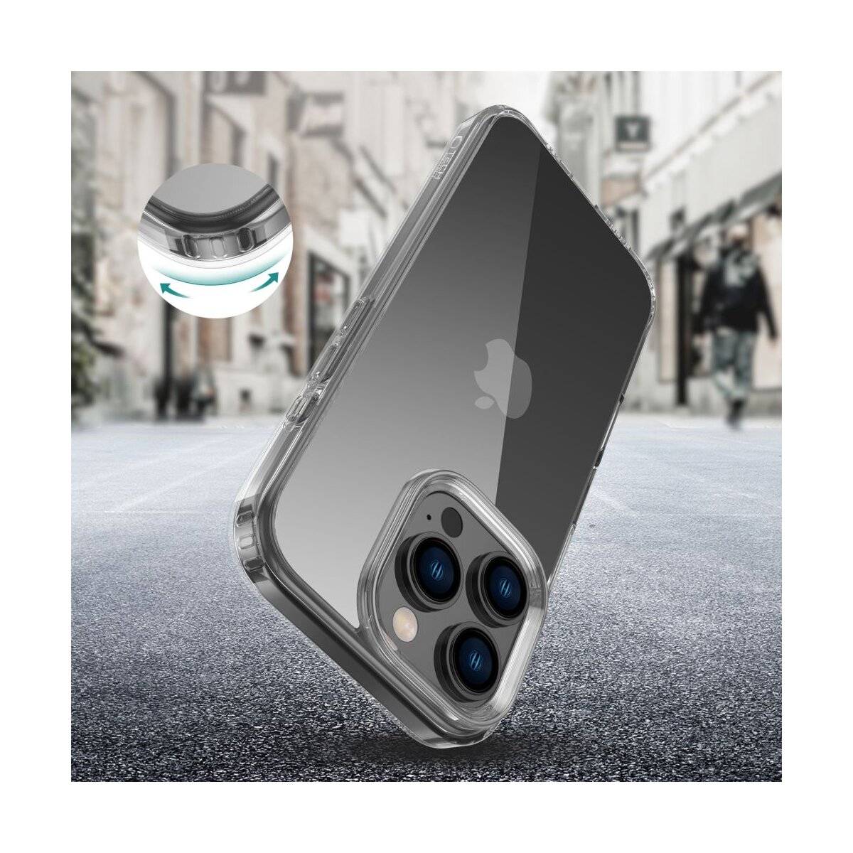 Ein Smartphone mit einer transparenten Schutzhülle, die so gestaltet ist, dass es die Kanten und die Rückseite schützt. Der Hintergrund zeigt eine urbane Straßenszene.