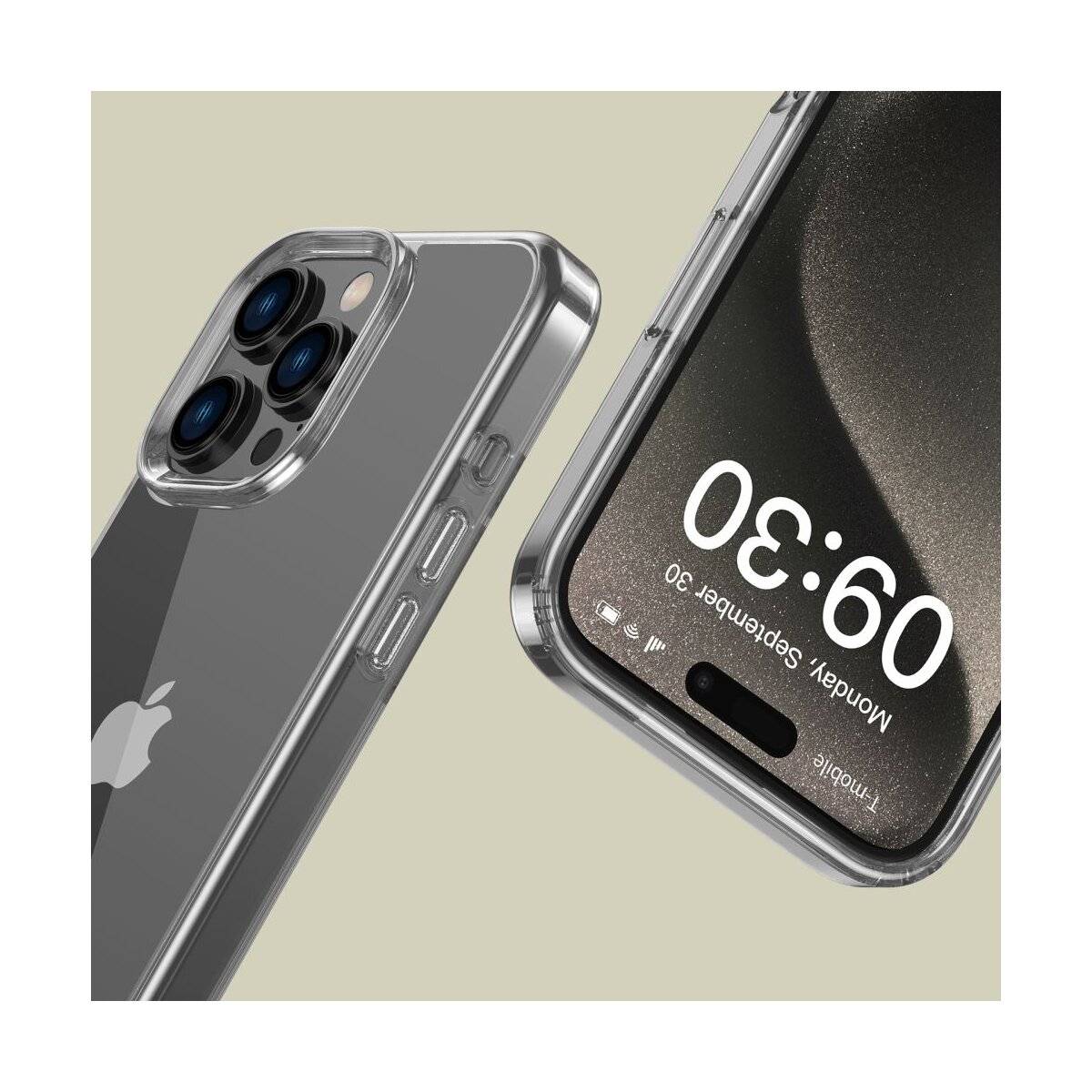 Zwei Smartphones werden angezeigt; eines zeigt die Zeit 