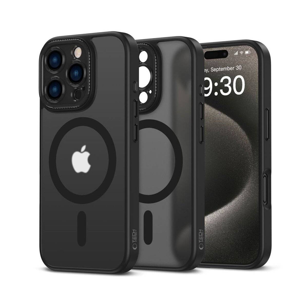 Ein Trio schwarzer Smartphone-Hüllen mit transparenten Rückseiten, die ein Apple-Logo zeigen und für verschiedene Telefonmodelle konzipiert sind.
