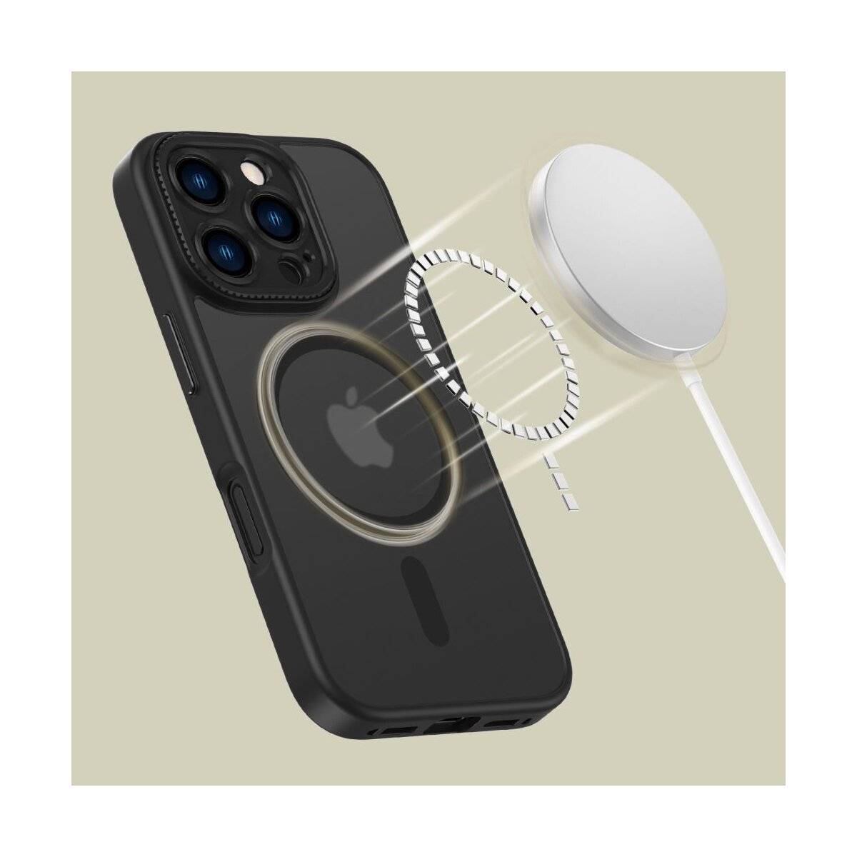 Ein schwarzes Smartphone-Gehäuse mit einer runden magnetischen Ladezone, der sich ein rundes kabelloses Ladegerät nähert, das die Fähigkeit des kabellosen Ladens demonstriert.