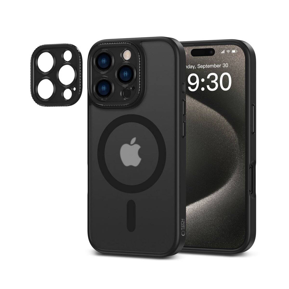 Ein schwarzes Smartphone-Case mit MagSafe-Ring und Kameraausschnitten wird neben einem Bildschirm angezeigt, auf dem „Freitag, 30. September, 09:30
