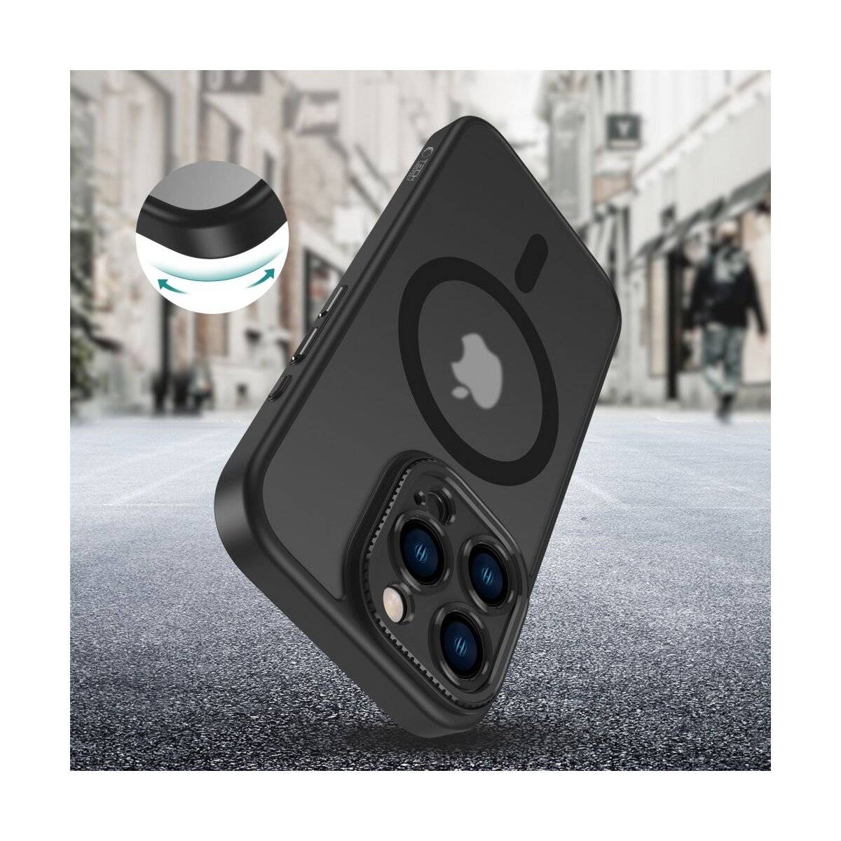 Ein schwarzes Handyhüllen-Case mit Kameraausschnitt und MagSafe-Kompatibilität schwebt über einer unscharfen Straßenszene und hebt sein schützendes Design hervor.