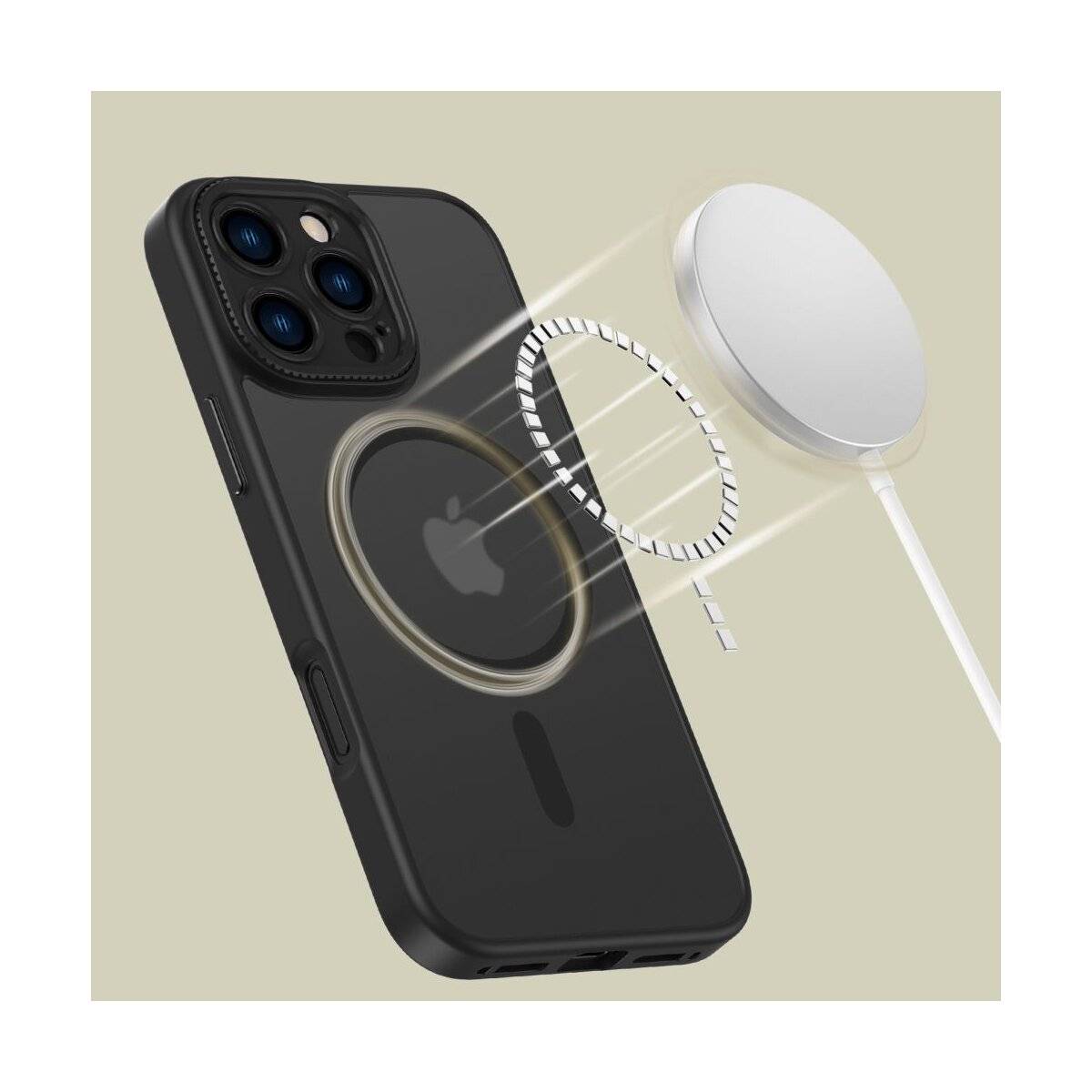 iPhone mit schwarzer Schutzhülle, das Magnetring-Feature neben einem MagSafe-Ladegerät präsentierend, wobei die Möglichkeiten des kabellosen Ladens hervorgehoben werden.