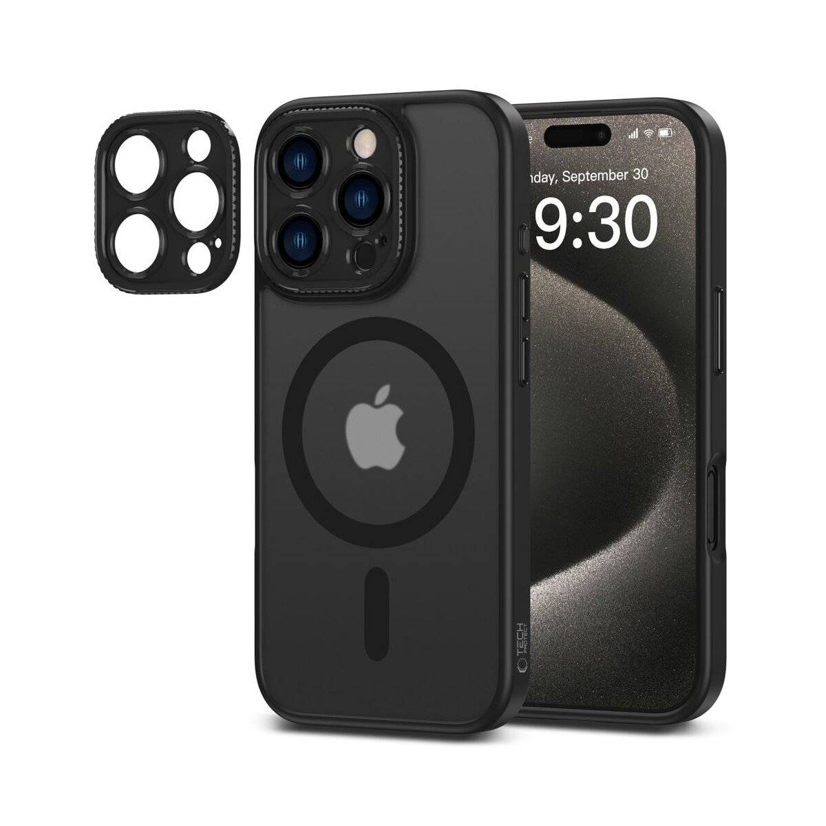 Ein schwarzer Smartphone-Case für ein Dual-Kamera-Telefon mit sichtbarem Apple-Logo und MagSafe-Kompatibilität, angezeigt mit einem Kameralinsen-Schutz.