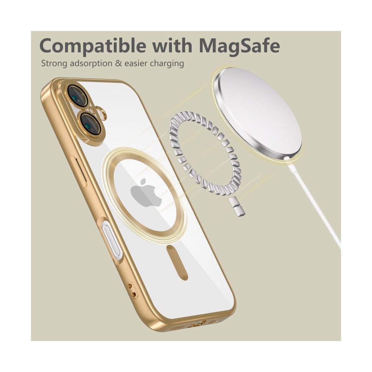 Ein durchsichtiges Handyhülle mit Magnetring, kompatibel mit MagSafe, gezeigt mit einem Ladegerät und magnetischem Kabel. Text: „Starke Adsorption & einfacheres Laden.