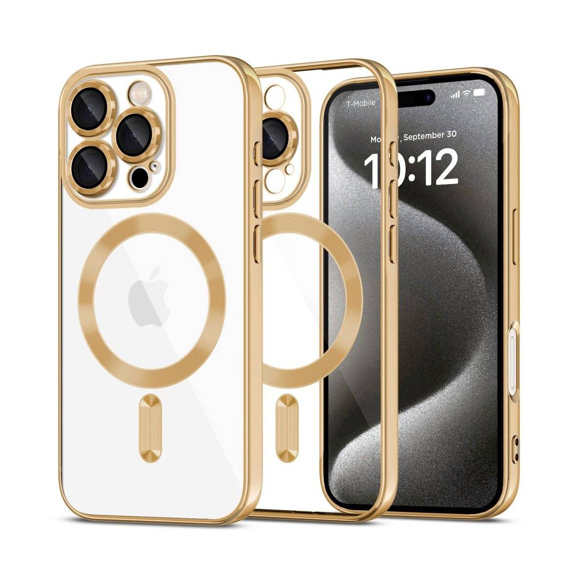 Ein Trio von Smartphones mit goldenem Rahmen und transparenter Rückseite, die ein kreisförmiges magnetisches Befestigungsdesign und eine Digitaluhr mit der Anzeige „10:12