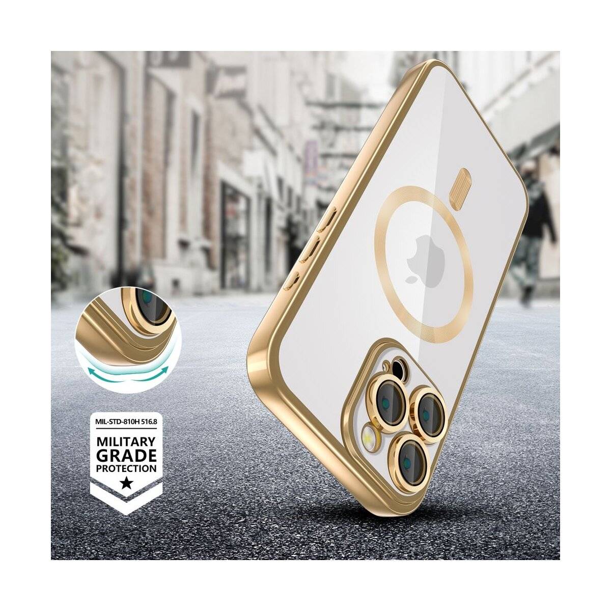 Ein gold- und weißes Smartphone-Etui mit der Markenbezeichnung „Military Grade Protection