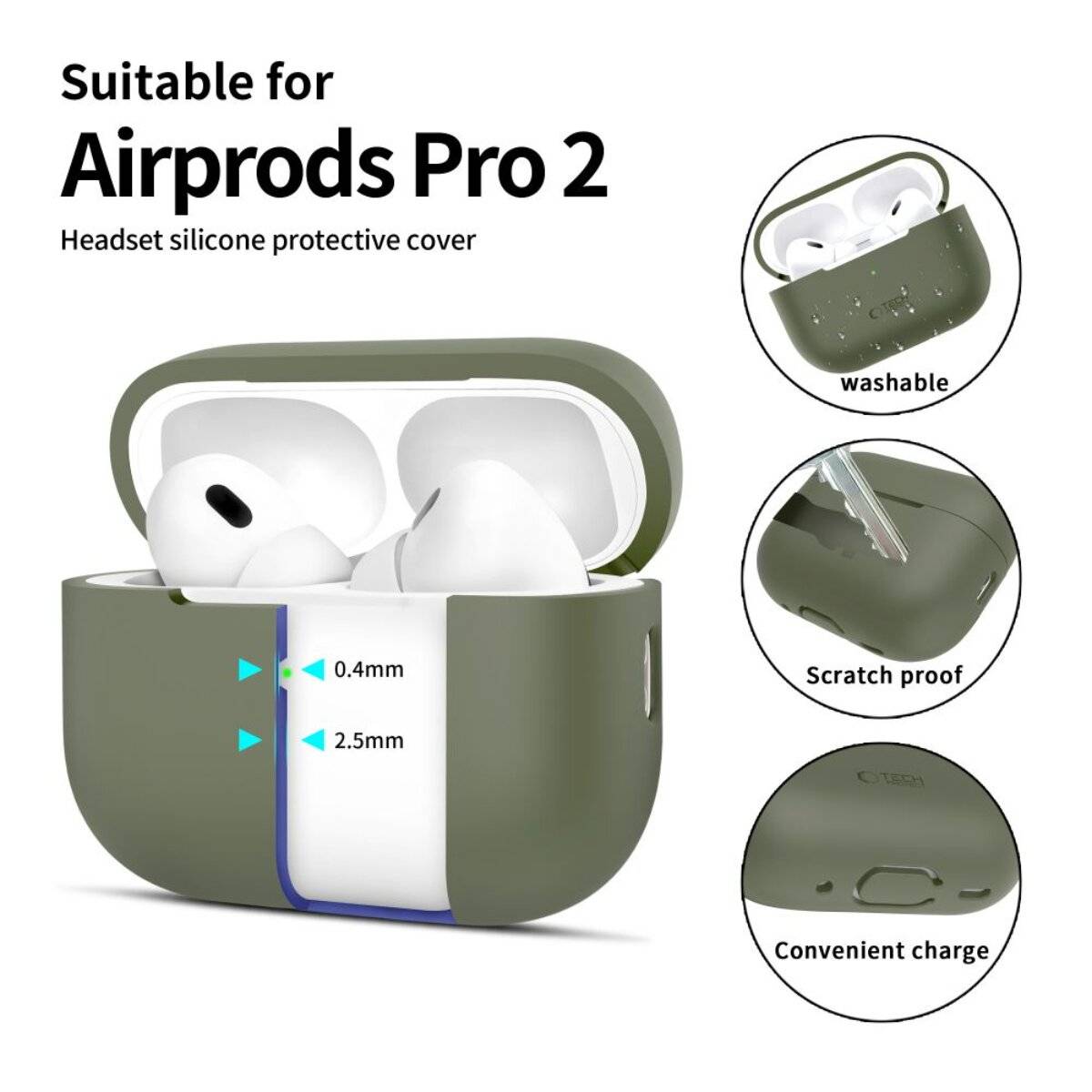 Grüne Silikon-Schutzbox für AirPods Pro 2 mit Waschbarkeit, kratzerbeständigem Material und praktischem Ladezugang.