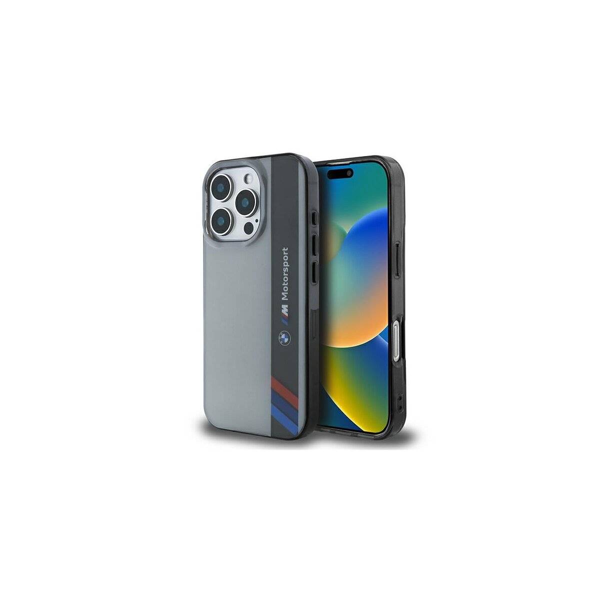 BMW Motorsport IML Vertical Stripe Handyhülle kompatibel mit iPhone 16 Pro – Grau
