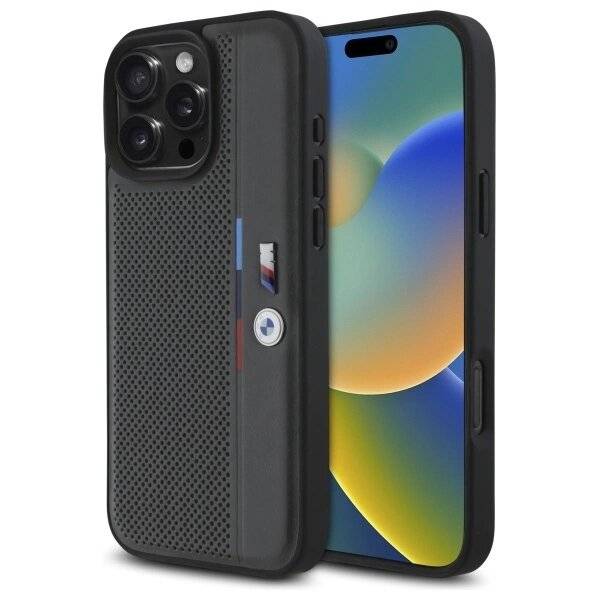 BMW M Perforated Tricolor Detail Line Hülle iPhone 16 Pro – Dunkelgrau