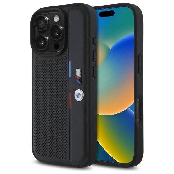 BMW M Perforierte Tricolor Detail Line Hülle iPhone 16 Pro Max – Schwarz