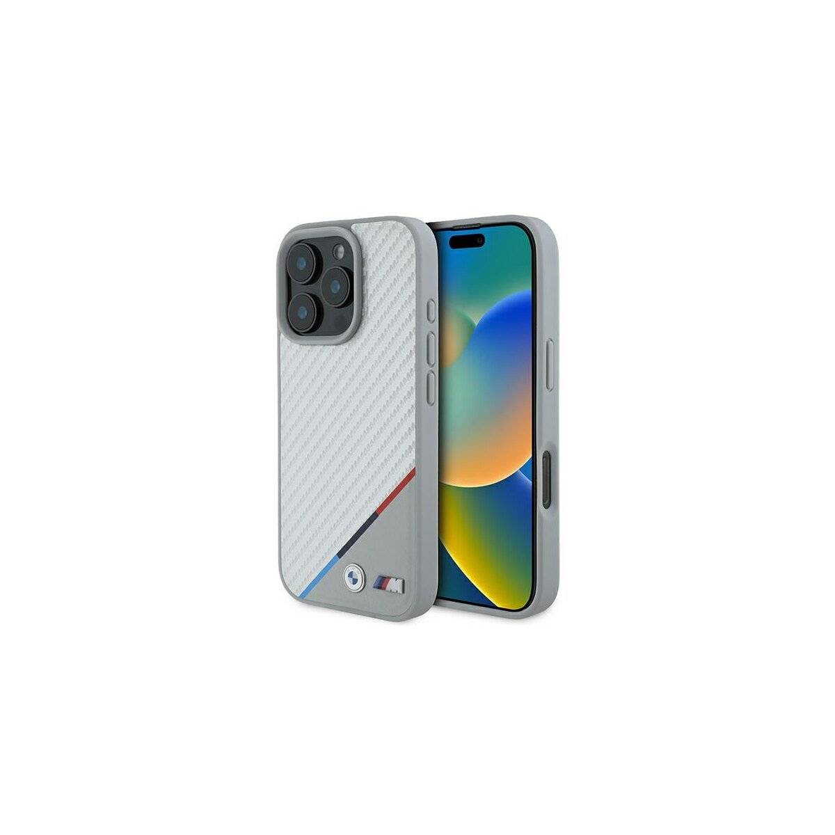 BMW M Carbon Tricolor Line MagSafe Hülle iPhone 16 Pro – grau