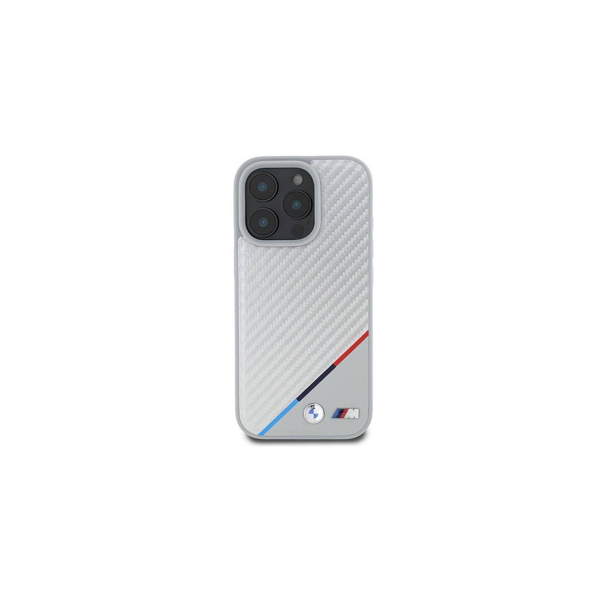 BMW M Carbon Tricolor Line Handyhülle kompatibel mit iPhone 16 Pro – Grau