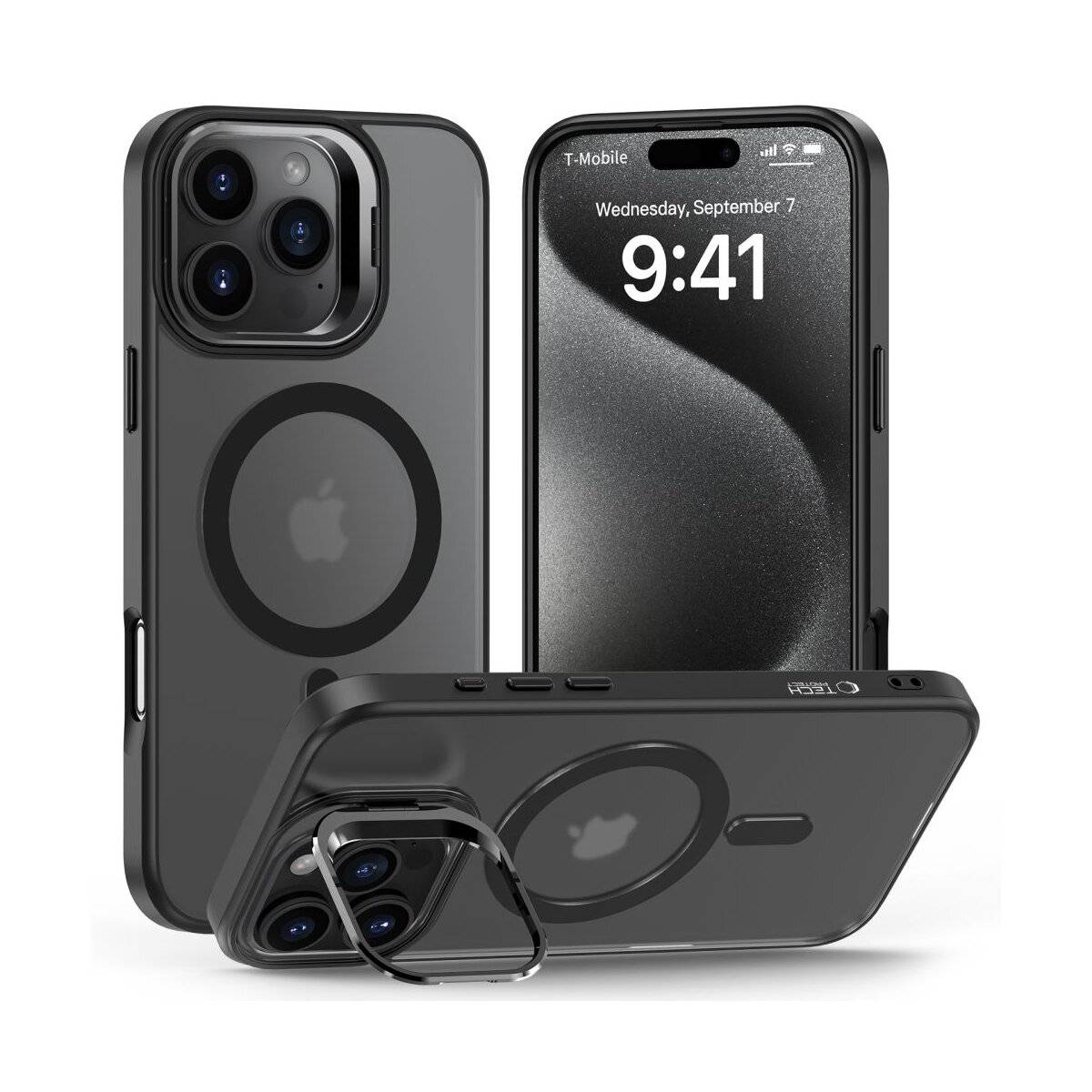 Ein Telefon mit einer Schutzhülle, die Kameraausschnitte und ein kreisförmiges Ringdesign aufweist. Der Bildschirm zeigt das Datum Mittwoch, 7. September an.