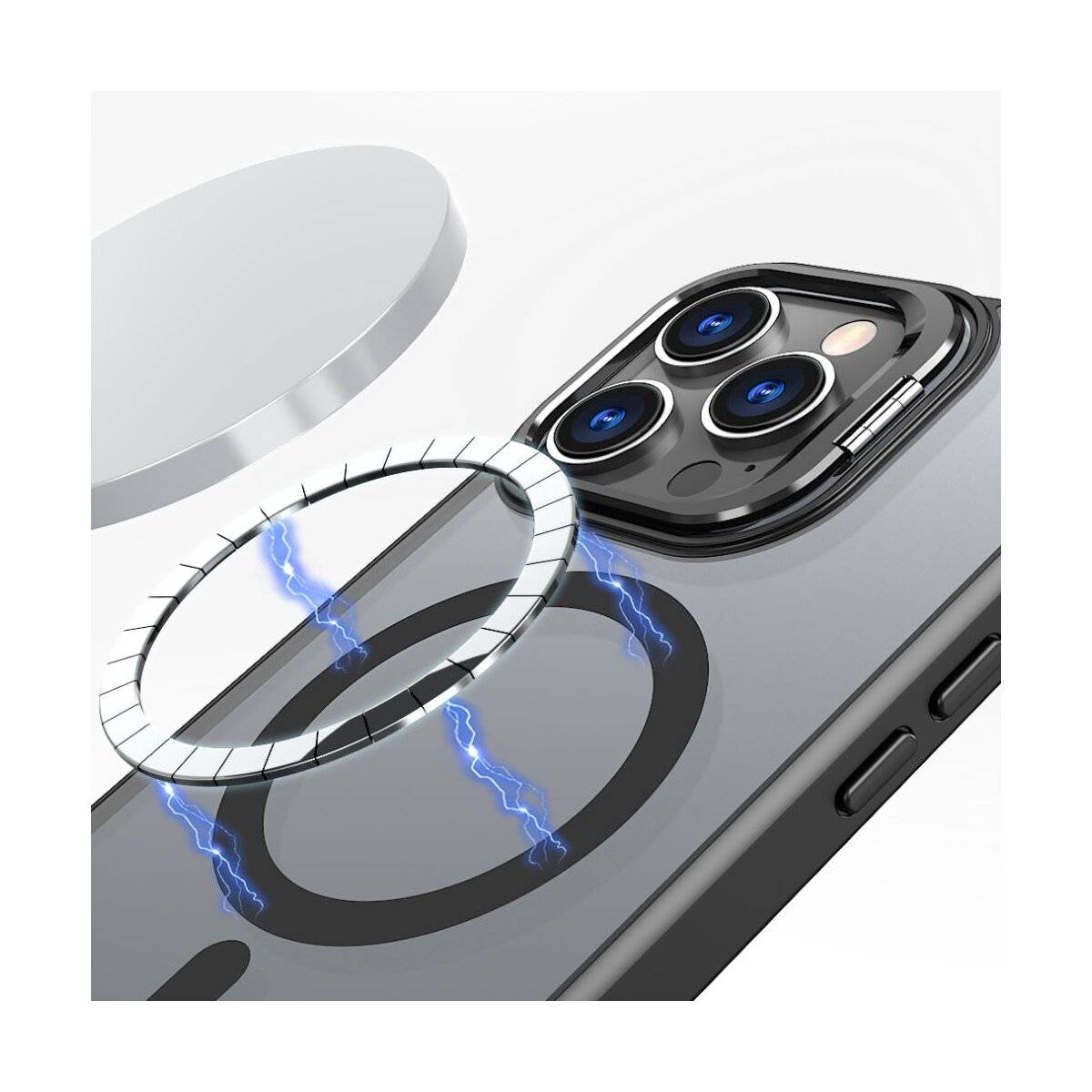 Ein runder Magnetring ist in der Nähe der rückwärtigen Kamera eines Smartphones positioniert und demonstriert das Befestigungskonzept mit Hilfe von blauen Energielinien.