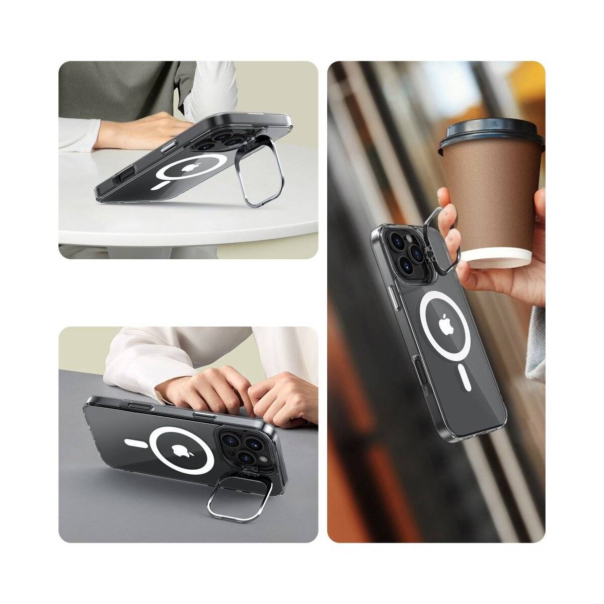 Das Bild zeigt eine Handyhülle mit Kickstand-Funktion auf einem Smartphone, das auf einem Tisch platziert ist, und ein weiteres Bild einer Hand, die eine Kaffeetasse neben dem Telefon hält.