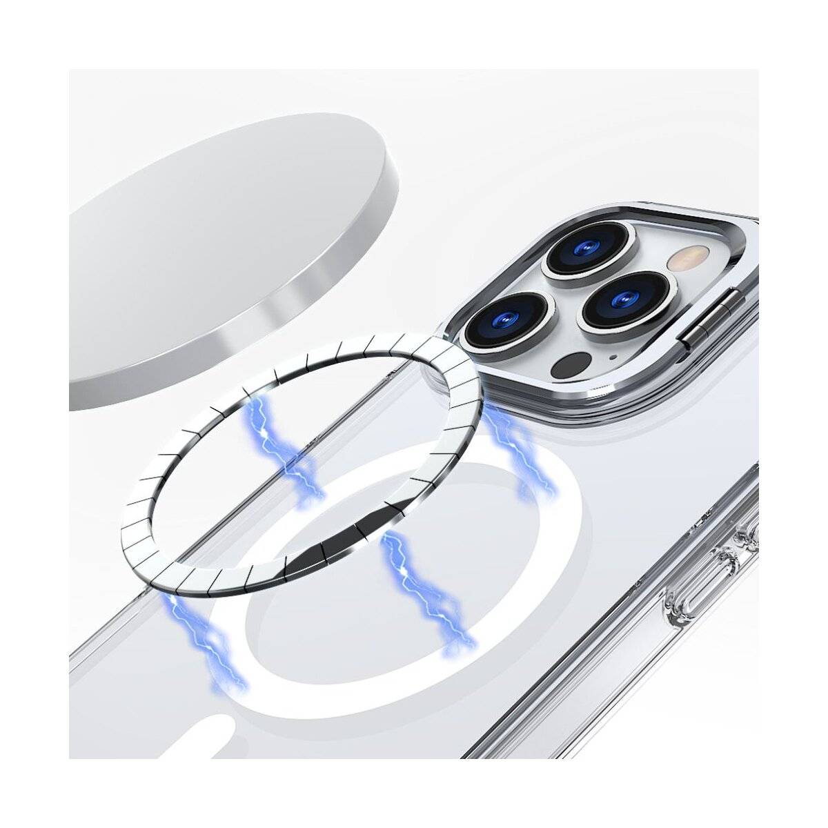 Eine Nahaufnahme der Rückkamera eines Smartphones und der Linsenabdeckung, die magnetische Elemente und blaue Energielinien zeigt und auf die Möglichkeit des kabellosen Ladens hinweist.