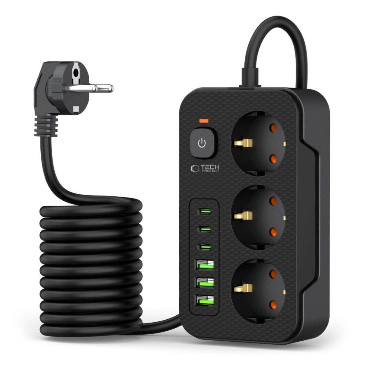 Tech-Protect PC3X6 Steckdosenleiste mit 3 Steckdosen, 3x USB-A und 3x USB-C, 200 cm – Schwarz