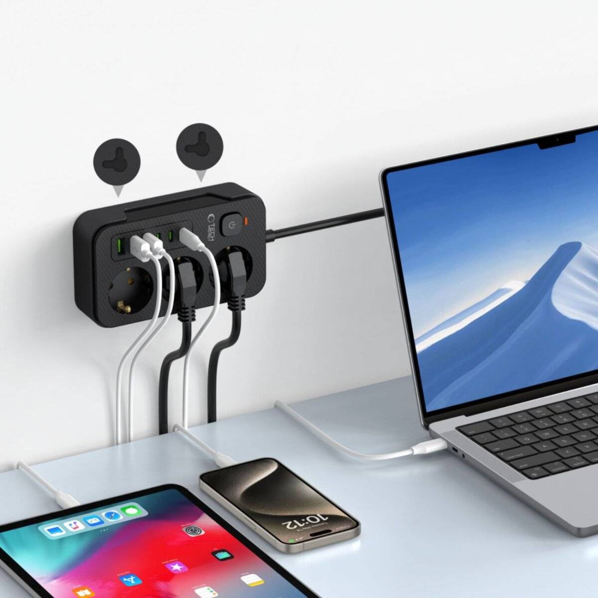 Tech-Protect PC3X6 Steckdosenleiste mit 3 Steckdosen, 3x USB-A und 3x USB-C, 200 cm – Schwarz