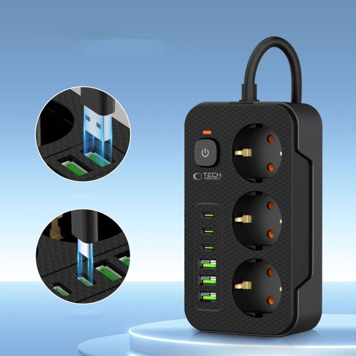 Tech-Protect PC3X6 Steckdosenleiste mit 3 Steckdosen, 3x USB-A und 3x USB-C, 200 cm – Schwarz