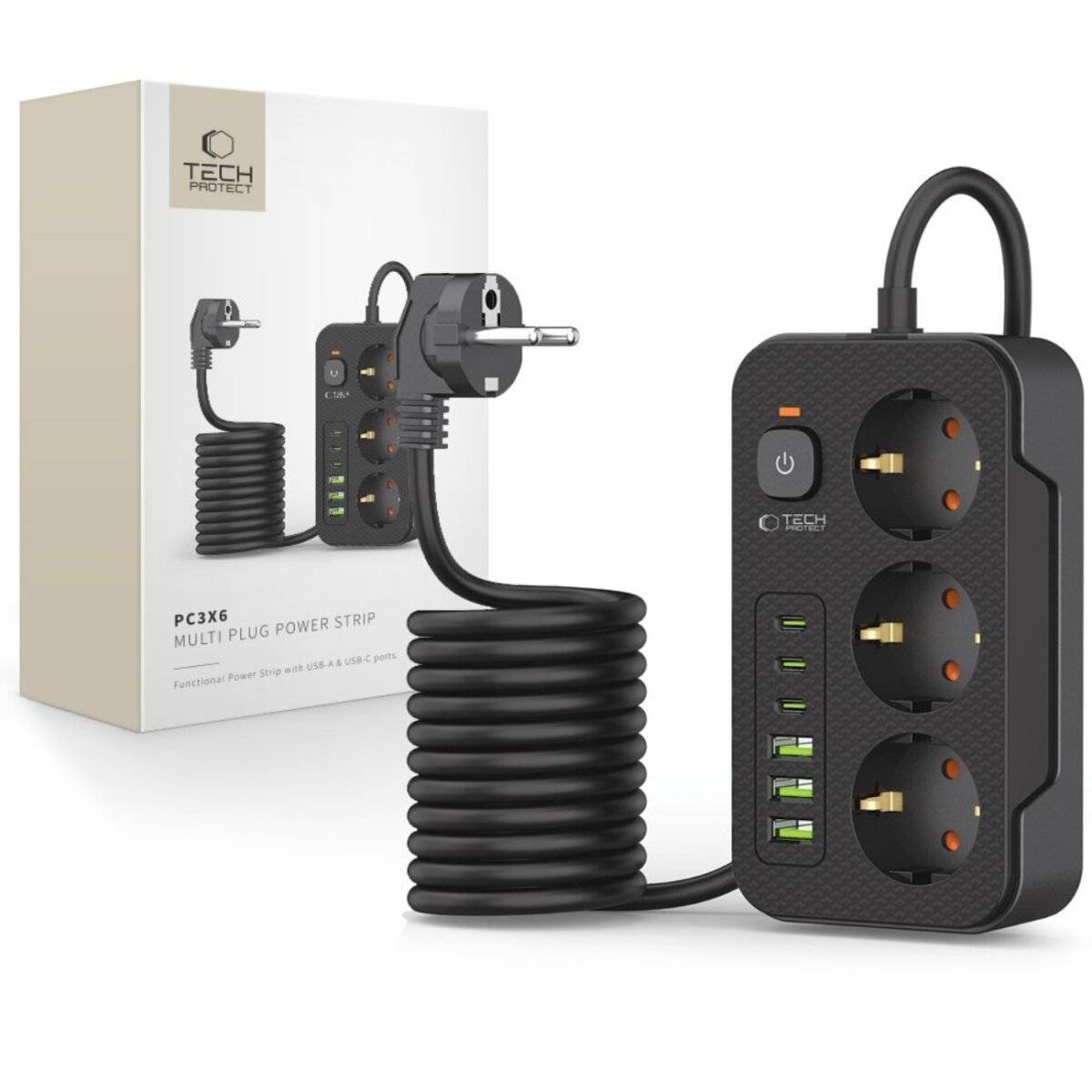 Tech-Protect PC3X6 Steckdosenleiste mit 3 Steckdosen, 3x USB-A und 3x USB-C, 200 cm – Schwarz