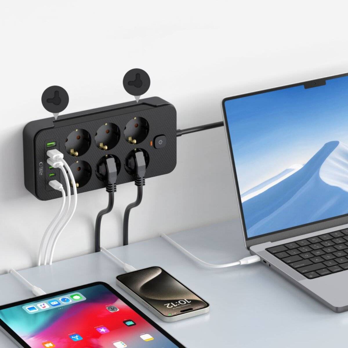 Tech-Protect PC6X6 Steckdosenleiste 6 Steckdosen 240V + 3xUSB-A + 3xUSB-C 200cm – Schwarz