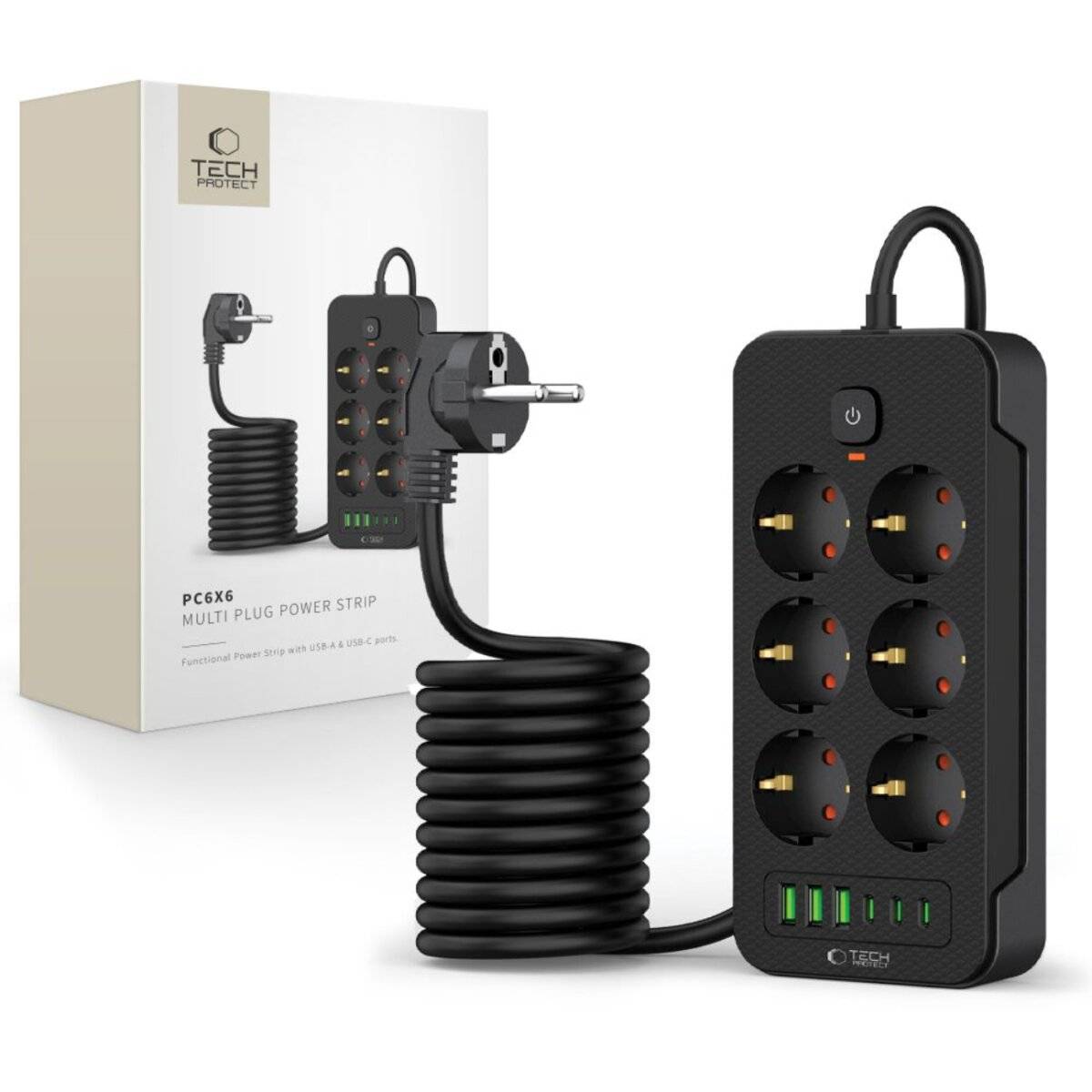 Tech-Protect PC6X6 Steckdosenleiste 6 Steckdosen 240V + 3xUSB-A + 3xUSB-C 200cm – Schwarz