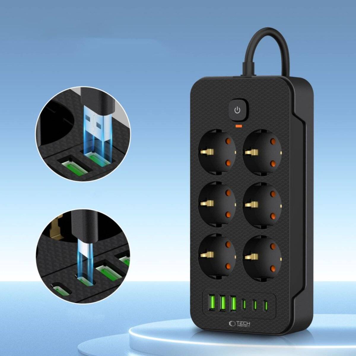 Tech-Protect PC6X6 Steckdosenleiste 6 Steckdosen 240V + 3xUSB-A + 3xUSB-C 200cm – Schwarz