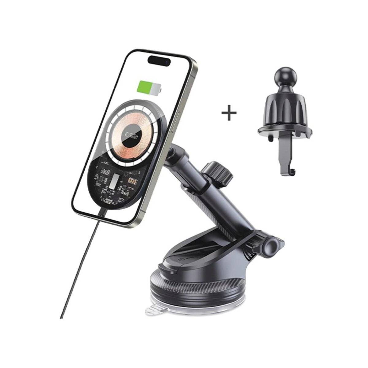 Eine Kfz-Handyhalterung, auf der ein Telefon mit einem Ladesymbol angezeigt wird. Enthält einen zusätzlichen Halterungsadapter.