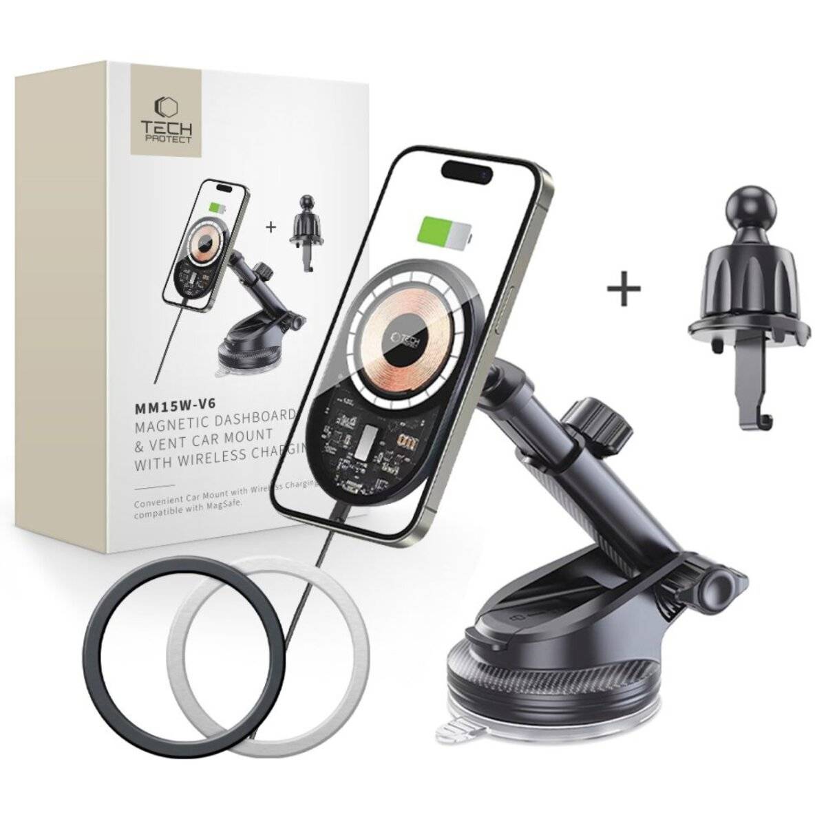 Magnetische Armaturenbrett- und Lüftungshalterung mit kabellosem Ladegerät, angezeigt mit Telefon, Verpackung, Clips und Ringen.