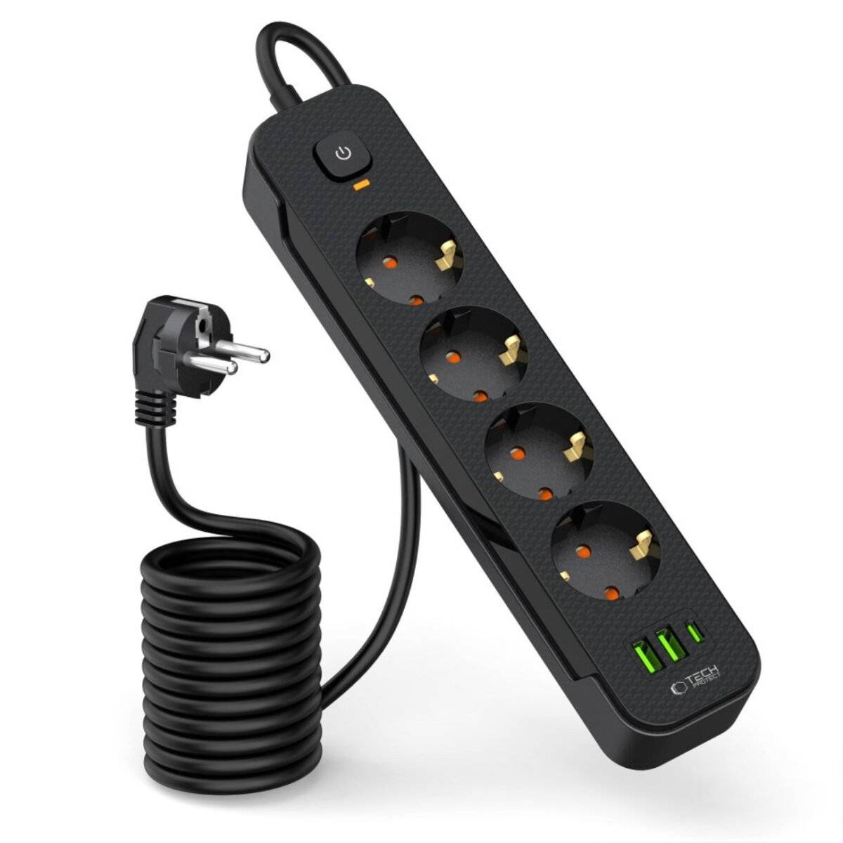 Tech-Protect PCL4X3 Steckdosenleiste 4 Steckdosen 240 V + 2× USB-A + 1× USB-C 200 cm – Schwarz