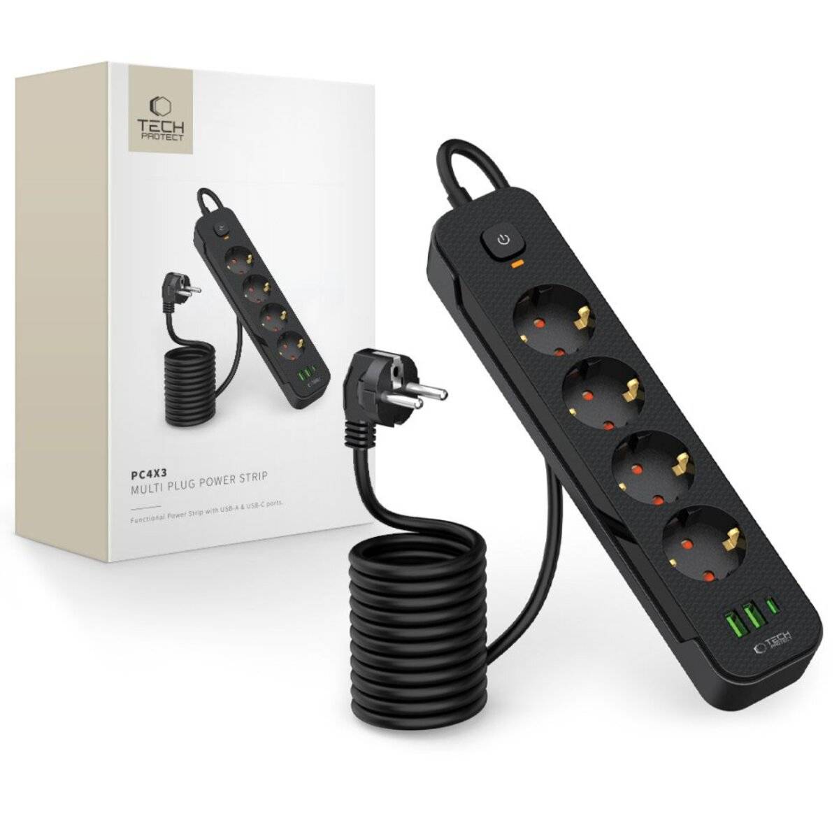 Tech-Protect PCL4X3 Steckdosenleiste 4 Steckdosen 240 V + 2× USB-A + 1× USB-C 200 cm – Schwarz