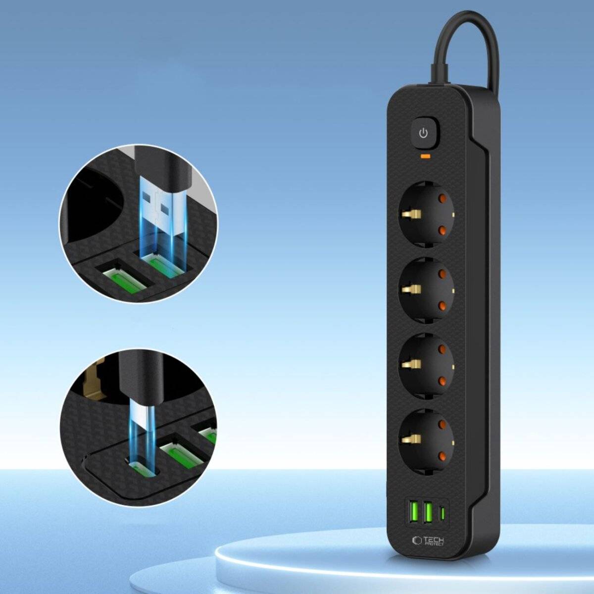 Tech-Protect PCL4X3 Steckdosenleiste 4 Steckdosen 240 V + 2× USB-A + 1× USB-C 200 cm – Schwarz
