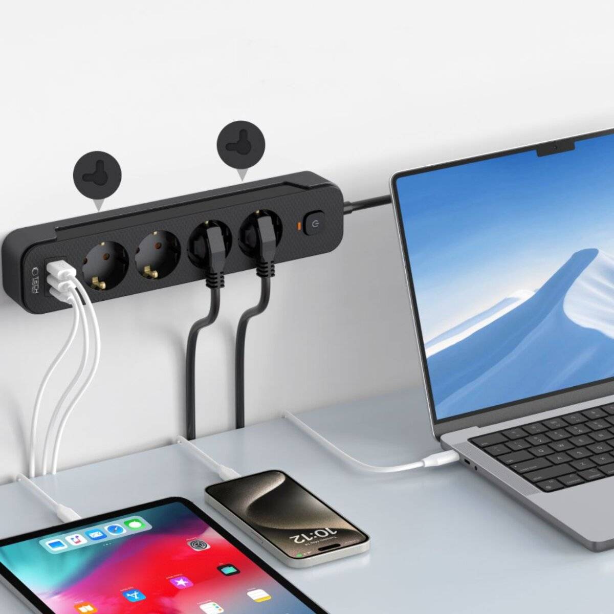 Tech-Protect PCL4X3 Steckdosenleiste 4 Steckdosen 240 V + 2× USB-A + 1× USB-C 200 cm – Schwarz
