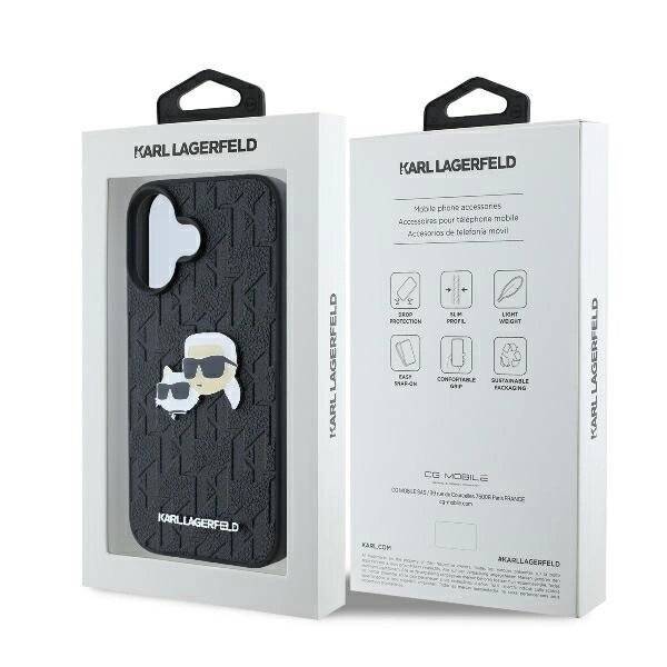 Karl Lagerfeld Monogram & Choupette Head Pin Hülle iPhone 16 Plus – Schwarz