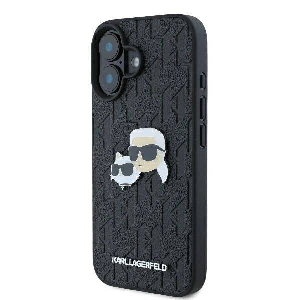 Karl Lagerfeld Monogram & Choupette Head Pin Hülle iPhone 16 Plus – Schwarz
