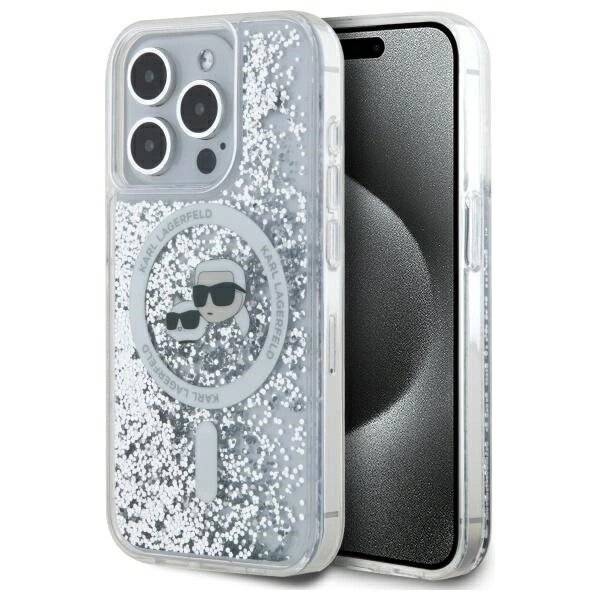 Karl Lagerfeld Liquid Glitter & Choupette Head Magsafe Hülle iPhone 15 Pro – transparent