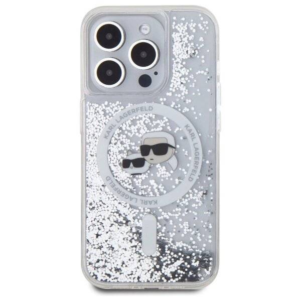 Karl Lagerfeld Liquid Glitter & Choupette Head Magsafe Hülle iPhone 15 Pro – transparent