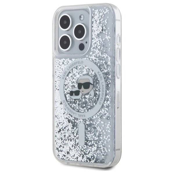 Karl Lagerfeld Liquid Glitter & Choupette Head Magsafe Hülle iPhone 15 Pro – transparent