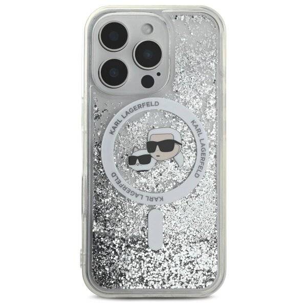 Karl Lagerfeld Liquid Glitter & Choupette Head Magsafe Hülle iPhone 16 Pro – transparent
