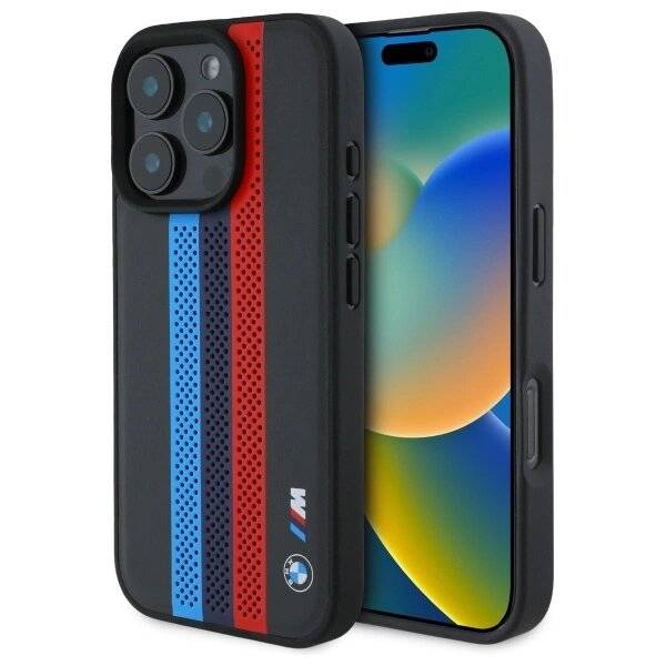 BMW M Performance Tricolor Printed Stripes MagSafe-Hülle iPhone 16 Pro – Schwarz
