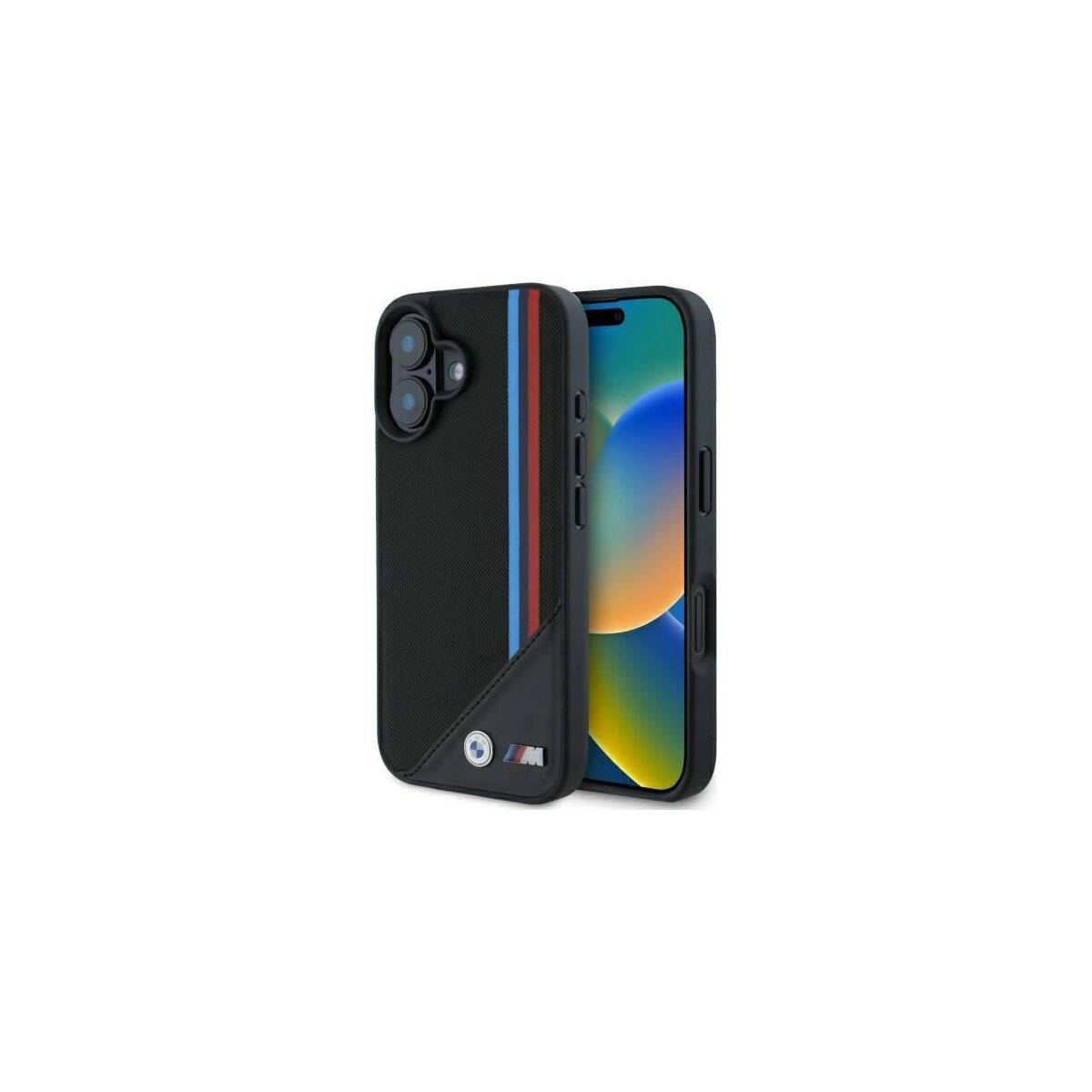 Handyhülle mit schwarzer Oberfläche und farbigen Streifen, mit einem kleinen Logo am unteren Rand, das teilweise ein Smartphone verdeckt.