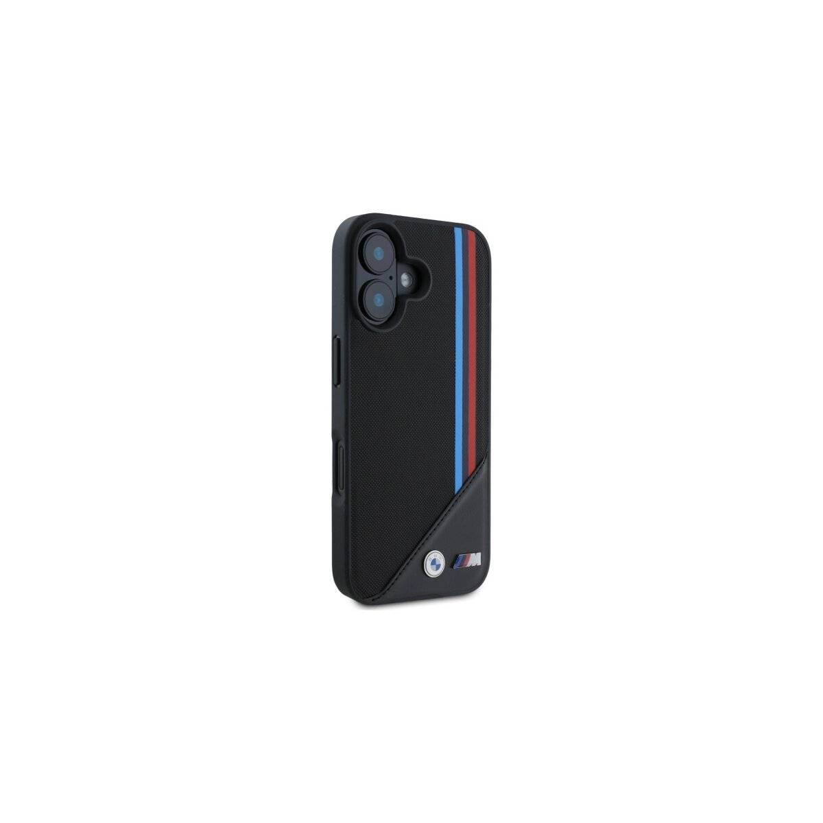 Ein Smartphone mit einem schwarzen Gehäuse, das rote und blaue Streifen aufweist, und einem kleinen Logo in der unteren Ecke.