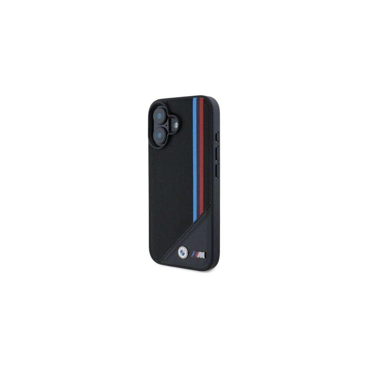 Eine schwarze Smartphone-Hülle mit roten und blauen Streifen auf der Rückseite, die in der Nähe des unteren Randes ein kleines rundes Logo mit dem Buchstaben 'M' aufweist.