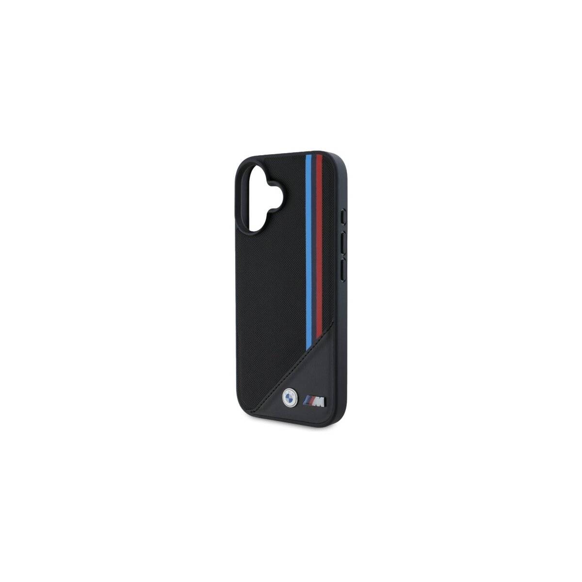 Eine schwarze Handyhülle mit blauen und roten Streifen diagonal über die Rückseite, mit einem kreisförmigen Logo in der unteren Ecke.