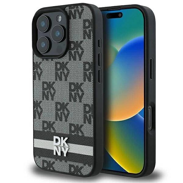 DKNY Checkered Pattern & Printed Stripes Hülle iPhone 16 Pro – Schwarz