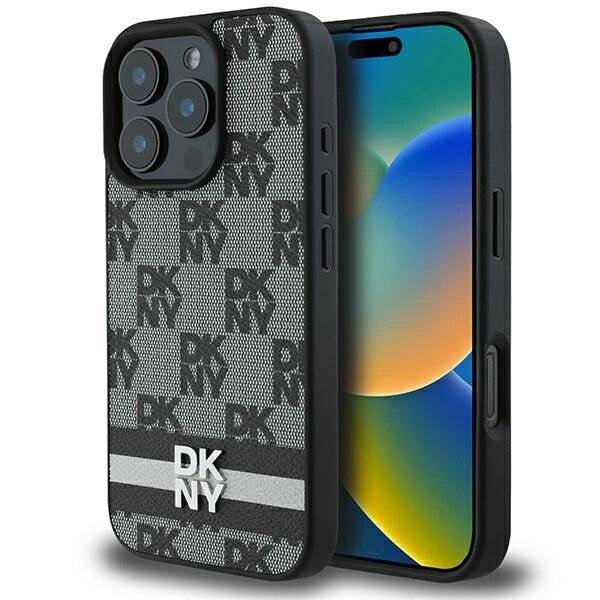 DKNY Checkered Pattern & Printed Stripes Hülle iPhone 16 Pro Max – Schwarz