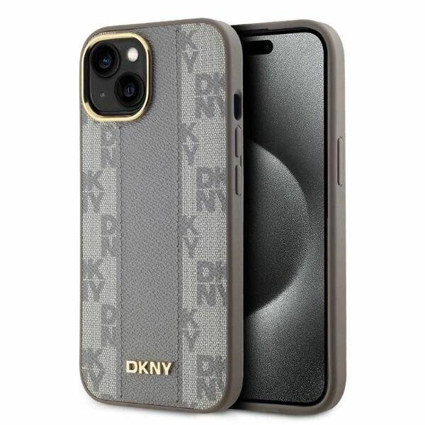 DKNY Leather Checkered Mono Pattern MagSafe-Hülle iPhone 15 – Beige