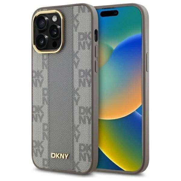 DKNY Leather Checkered Mono Pattern MagSafe-Hülle iPhone 14 Pro Max – Beige