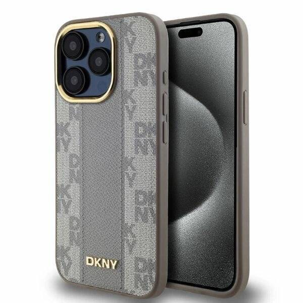 DKNY Leather Checkered Mono Pattern MagSafe-Hülle iPhone 15 Pro Max – Beige
